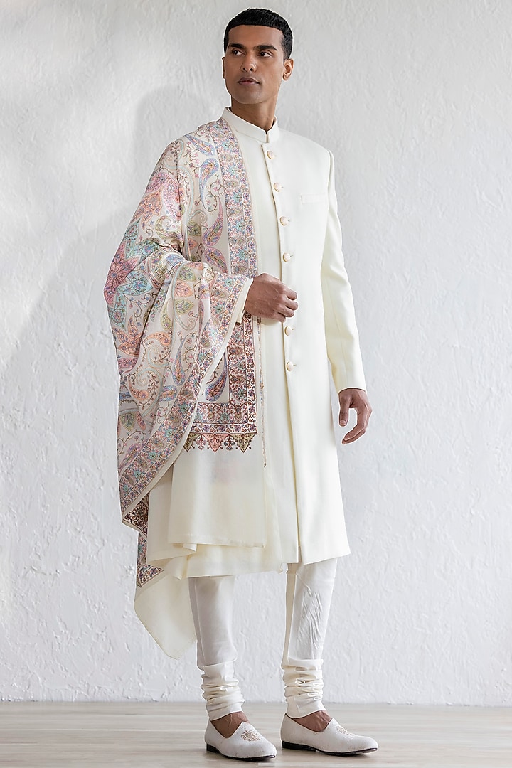 Ivory Pashmina Groom Sherwani Set by Qbik Men at Pernia's Pop Up Shop
