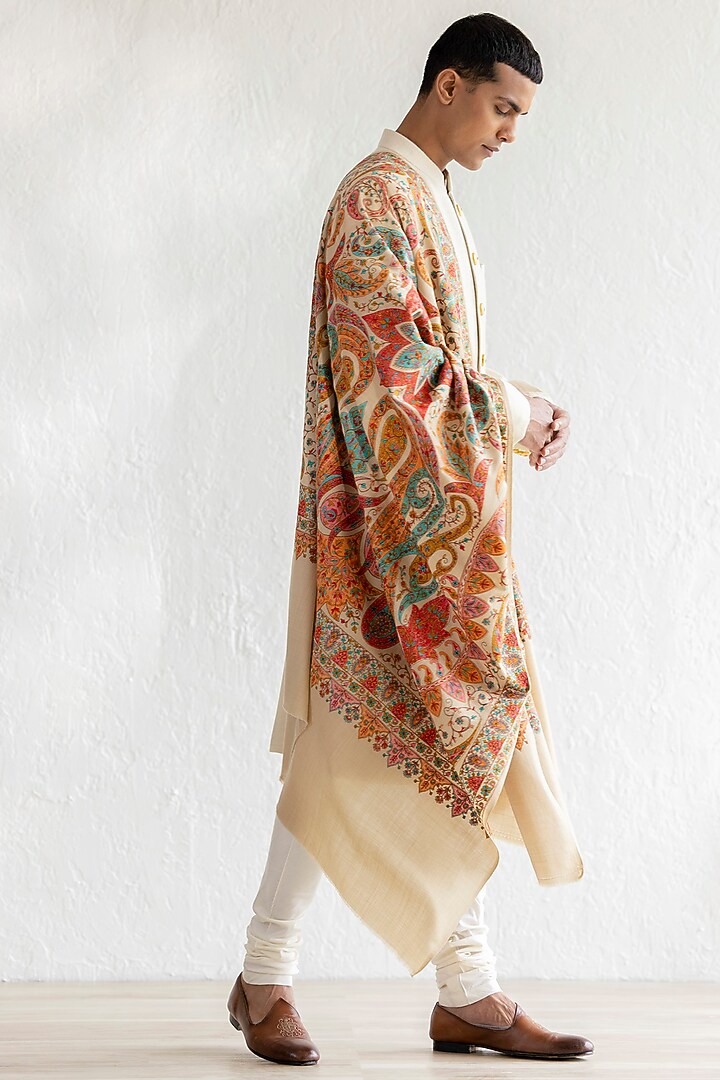 Beige Pashmina Groom Sherwani Set by Qbik Men at Pernia's Pop Up Shop