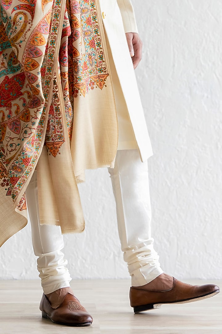 Beige Pashmina Groom Sherwani Set by Qbik Men at Pernia's Pop Up Shop