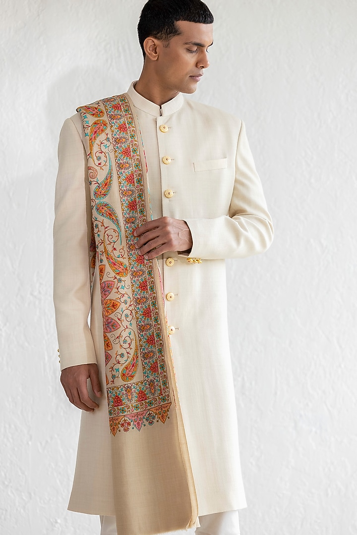 Beige Pashmina Groom Sherwani Set by Qbik Men at Pernia's Pop Up Shop