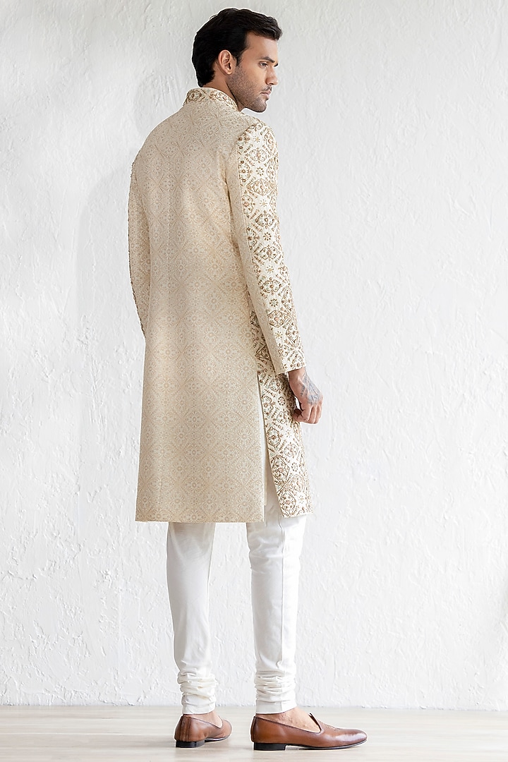 Beige Silk Cutdana Embroidered Groom Sherwani Set by Qbik Men at Pernia's Pop Up Shop