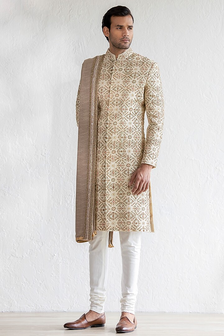 Beige Silk Cutdana Embroidered Groom Sherwani Set by Qbik Men at Pernia's Pop Up Shop