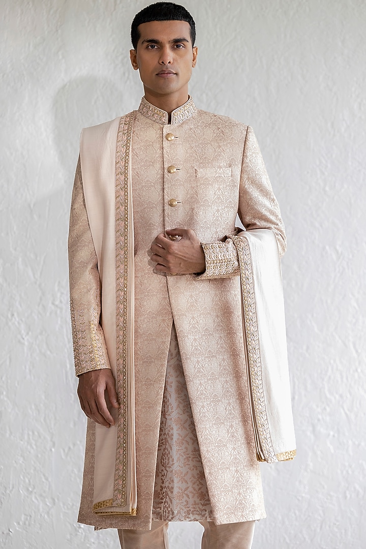 Blush Chanderi Silk Embroidered Groom Sherwani Set by Qbik Men at Pernia's Pop Up Shop
