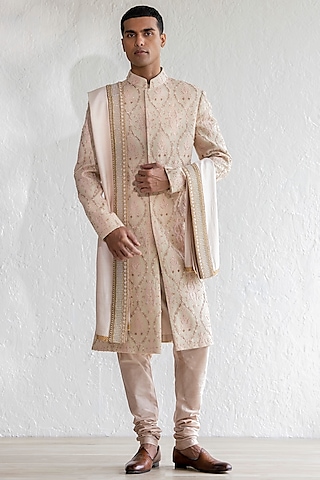 Beige Kashmiri Wool Embroidered Sherwani Set by Qbik Men