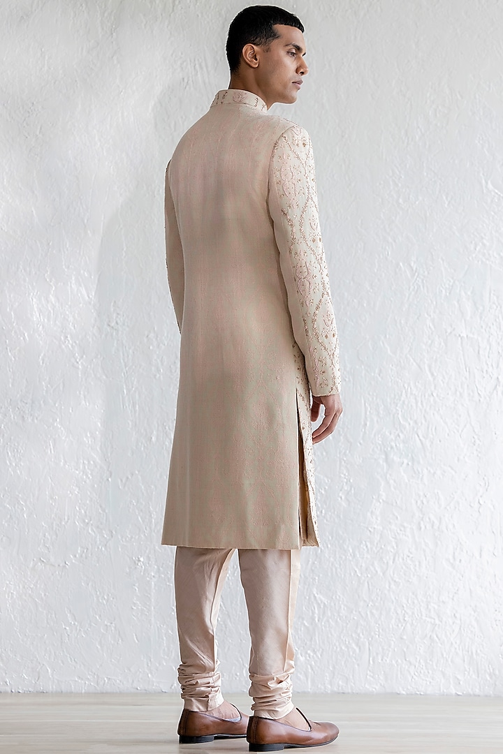 Beige Kashmiri Wool Embroidered Groom Sherwani Set by Qbik Men at Pernia's Pop Up Shop