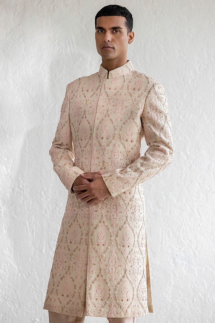 Beige Kashmiri Wool Embroidered Groom Sherwani Set by Qbik Men at Pernia's Pop Up Shop