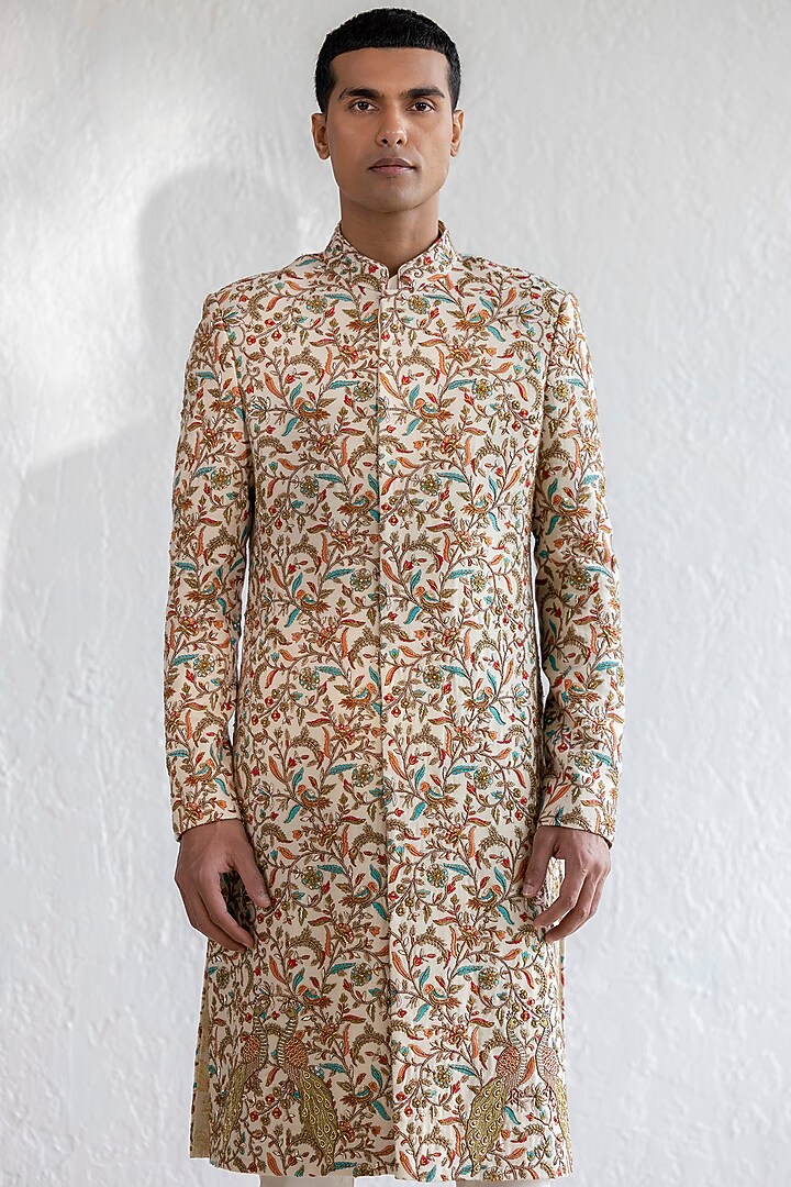 Multi-Colored Kashmiri Embroidered Groom Sherwani Set by Qbik Men at Pernia's Pop Up Shop
