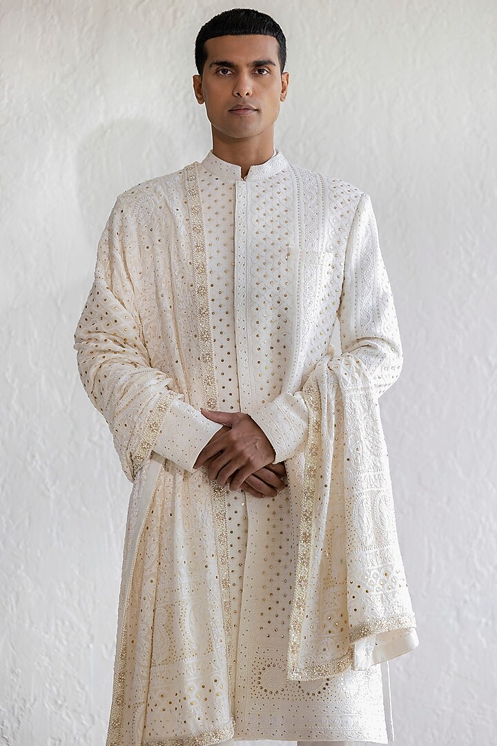 Ivory Lucknowi Embroidered Groom Sherwani Set by Qbik Men at Pernia's Pop Up Shop