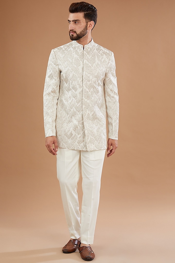 Ivory Raw Silk Zari Embroidered Bandhgala Set by Qbik Men