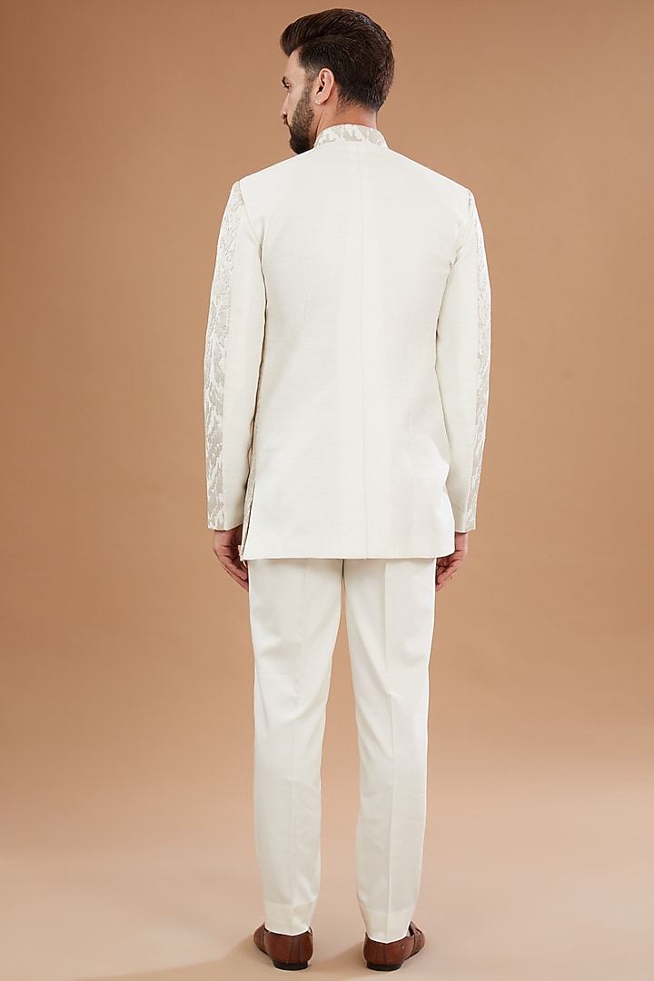 Ivory Raw Silk Zari Embroidered Wedding Bandhgala Set by Qbik Men at Pernia's Pop Up Shop