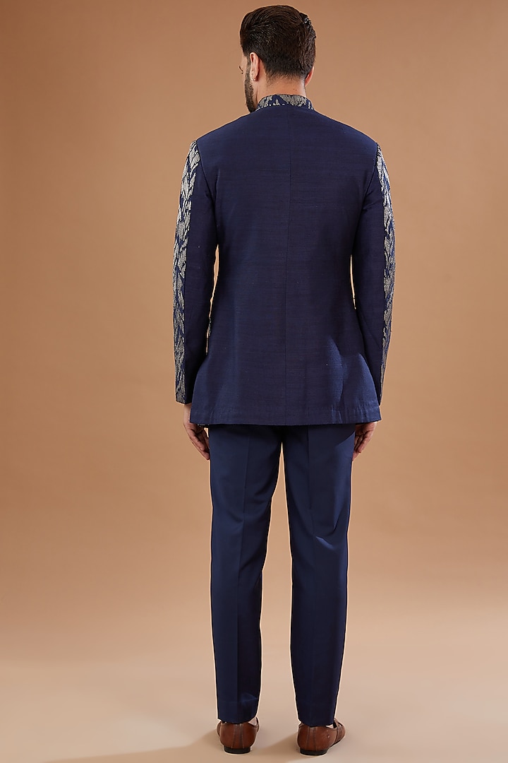 Navy Blue Zari Resham Embroidered Wedding Bandhgala Set by Qbik Men at Pernia's Pop Up Shop