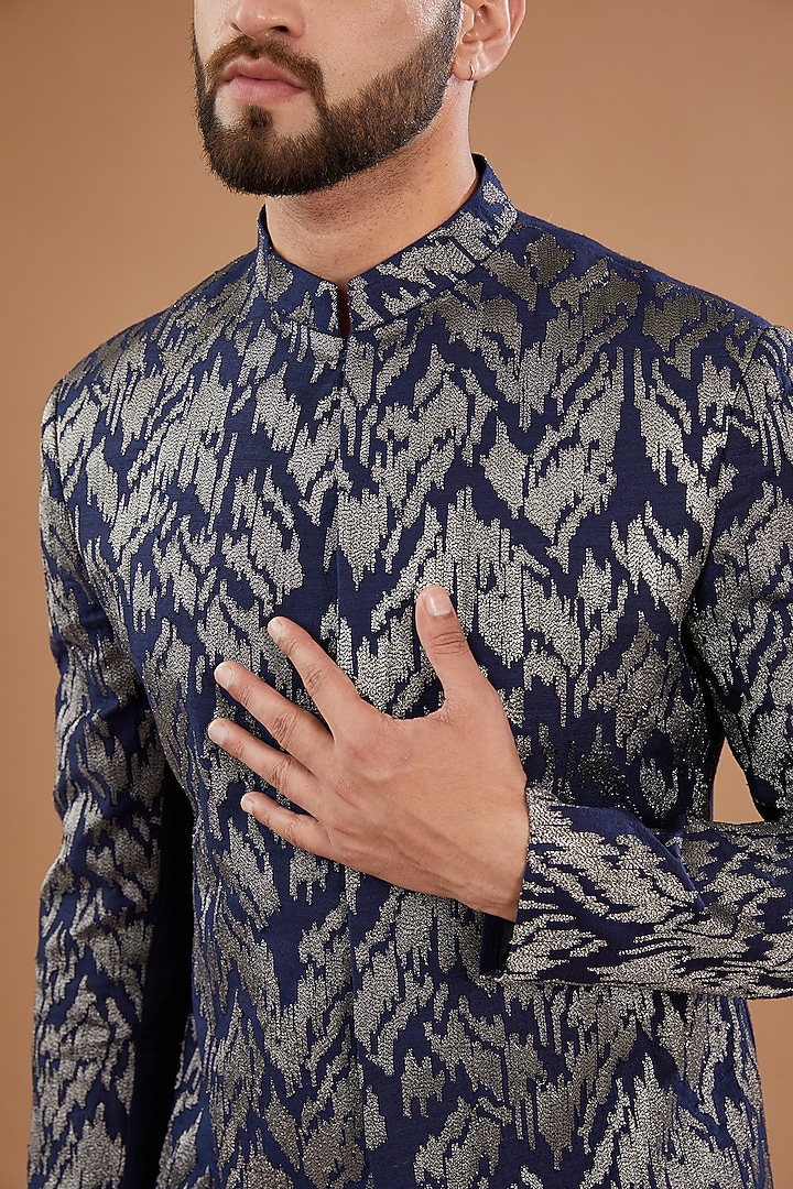 Navy Blue Zari Resham Embroidered Wedding Bandhgala Set by Qbik Men at Pernia's Pop Up Shop