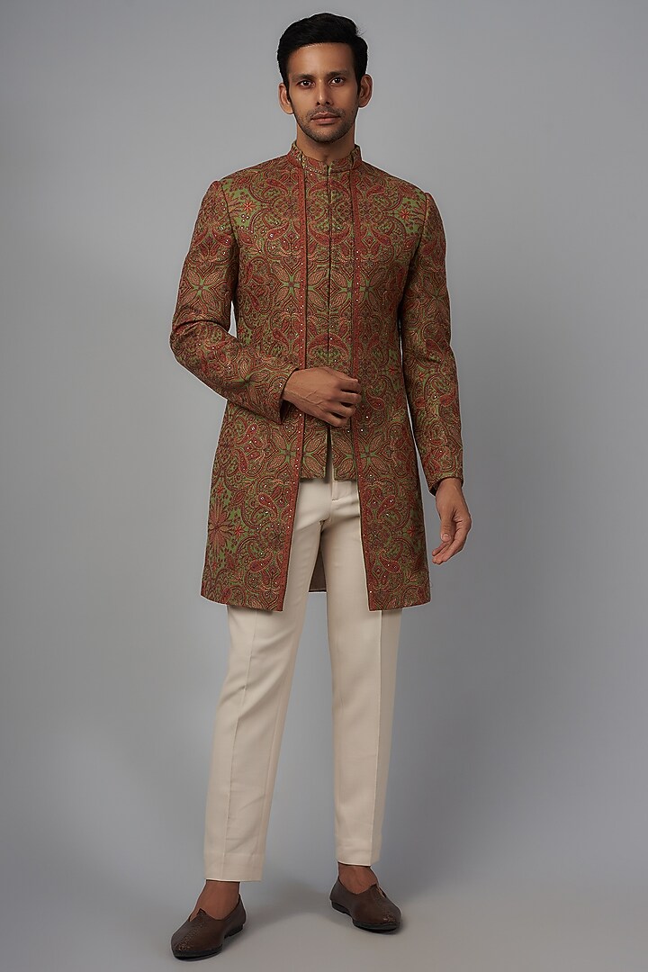 Pista Pashmina Silk Embroidered Groom Indowestern Set by Qbik Men at Pernia's Pop Up Shop