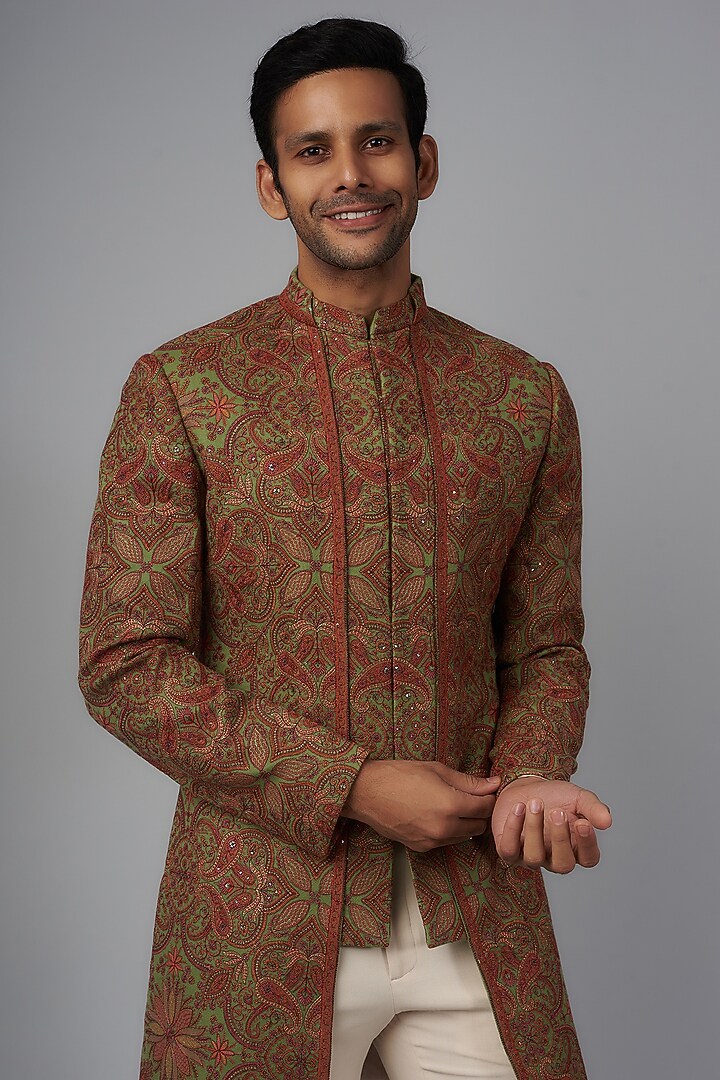 Pista Pashmina Silk Embroidered Groom Indowestern Set by Qbik Men at Pernia's Pop Up Shop