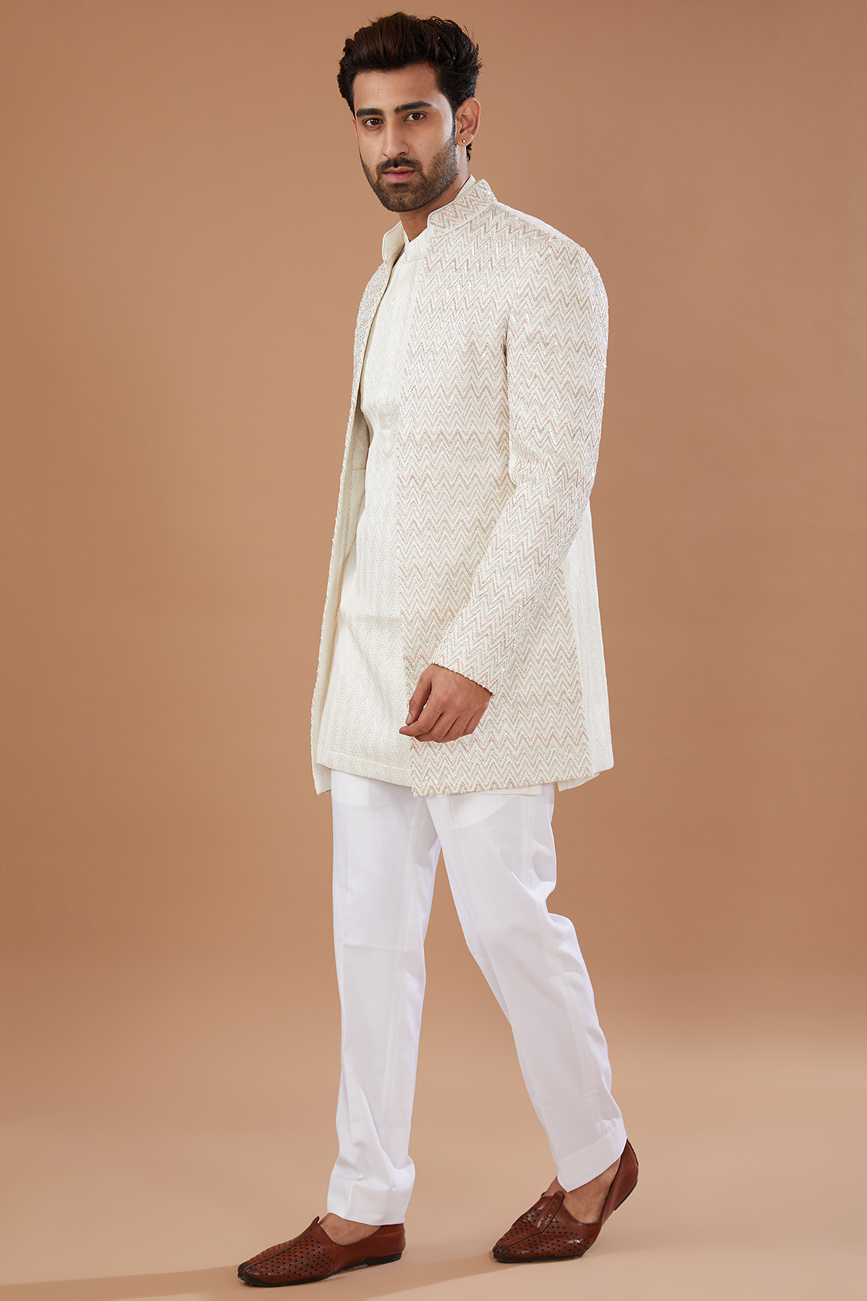 Ivory Silk Embroidered Indowestern Set by Qbik Men