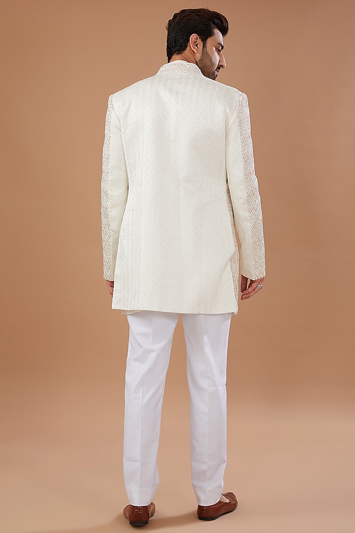 Ivory Silk Embroidered Groom Indowestern Set by Qbik Men at Pernia's Pop Up Shop
