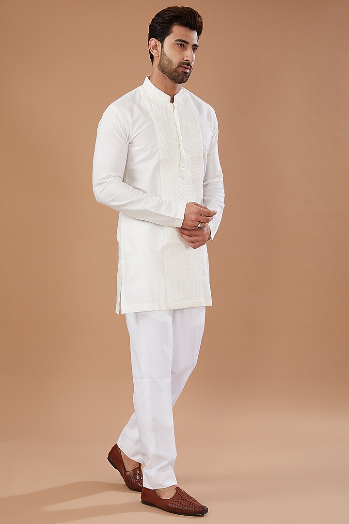 Ivory Silk Embroidered Groom Indowestern Set by Qbik Men at Pernia's Pop Up Shop