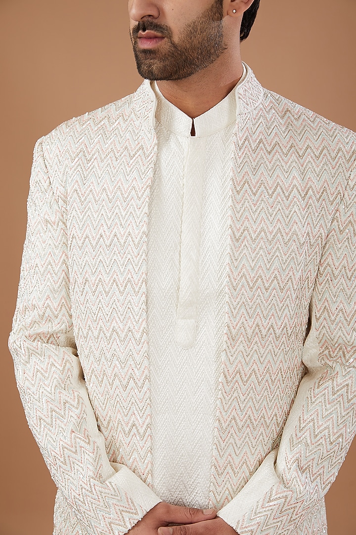 Ivory Silk Embroidered Groom Indowestern Set by Qbik Men at Pernia's Pop Up Shop