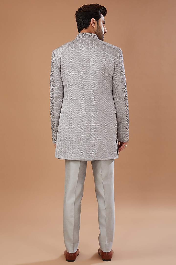 Grey Silk Embroidered Groom Indowestern Set by Qbik Men at Pernia's Pop Up Shop