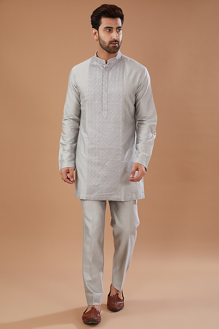 Grey Silk Embroidered Groom Indowestern Set by Qbik Men at Pernia's Pop Up Shop