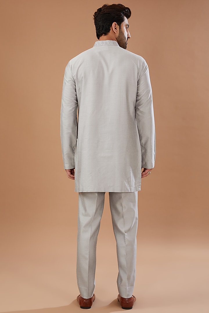 Grey Silk Embroidered Groom Indowestern Set by Qbik Men at Pernia's Pop Up Shop