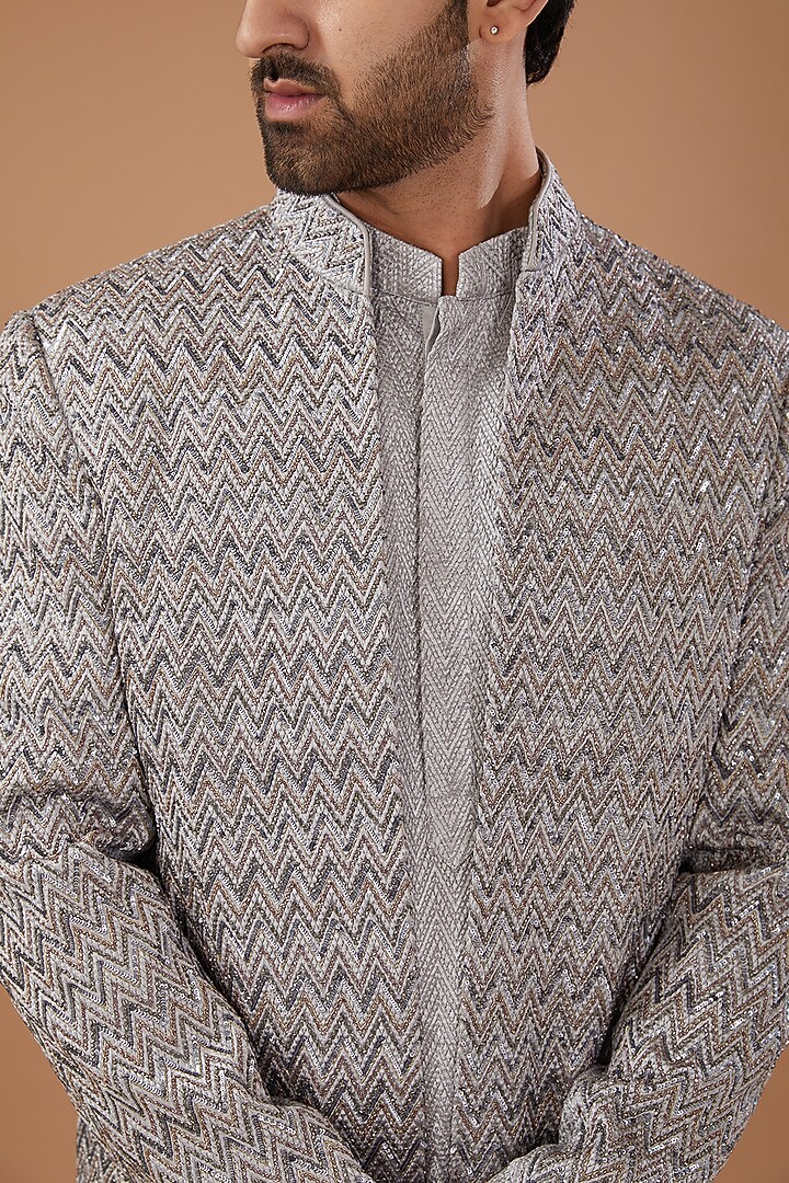 Grey Silk Embroidered Groom Indowestern Set by Qbik Men at Pernia's Pop Up Shop