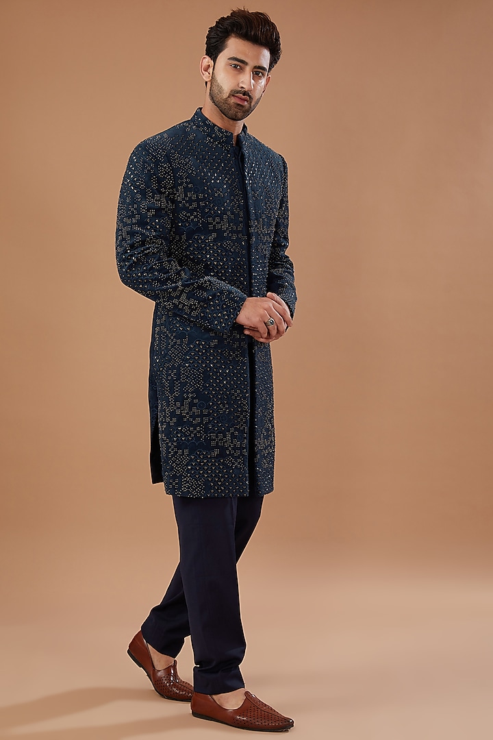 Blue Velvet Gunmetal Embroidered Indowestern Set by Qbik Men at Pernia's Pop Up Shop