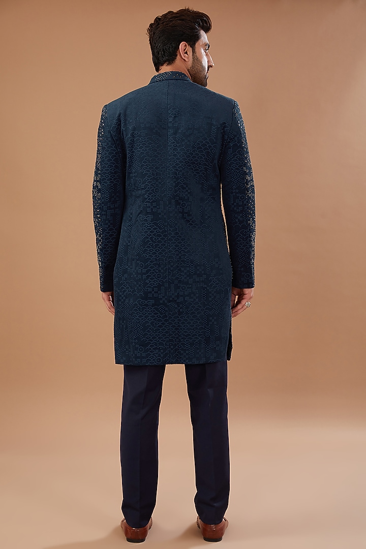Blue Velvet Gunmetal Embroidered Groom Indowestern Set by Qbik Men at Pernia's Pop Up Shop