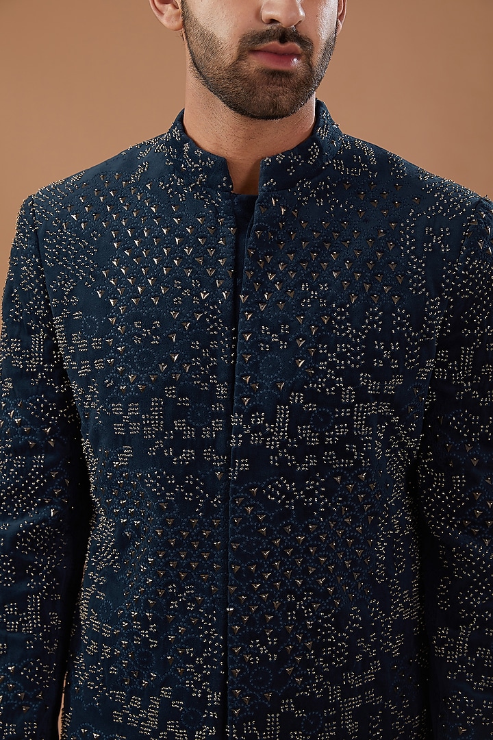 Blue Velvet Gunmetal Embroidered Groom Indowestern Set by Qbik Men at Pernia's Pop Up Shop