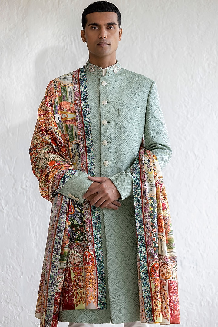 Mint Jacquard Embroidered Groom Sherwani Set by Qbik Men at Pernia's Pop Up Shop