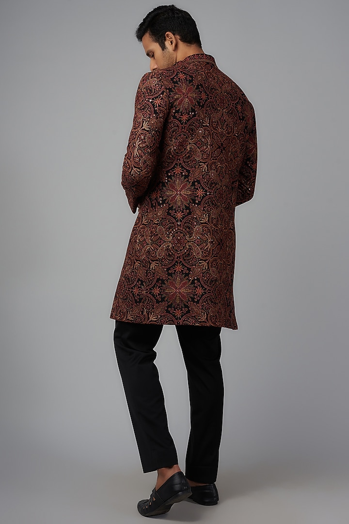 Black Pashmina Silk Embroidered Groom Indowestern Set by Qbik Men at Pernia's Pop Up Shop