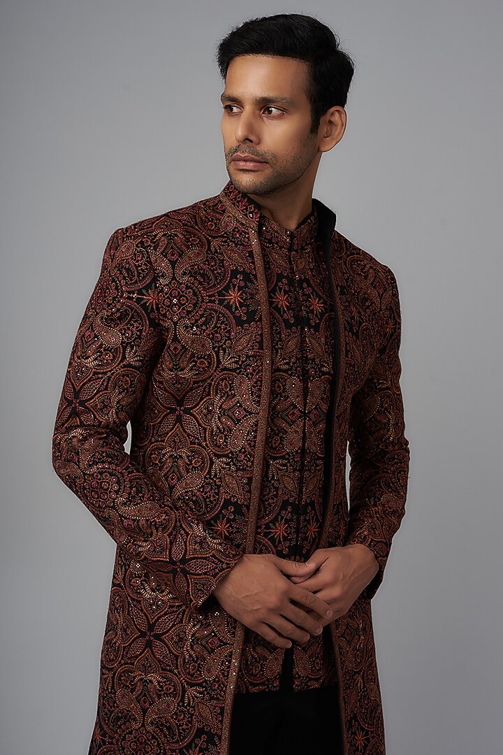 Black Pashmina Silk Embroidered Groom Indowestern Set by Qbik Men at Pernia's Pop Up Shop
