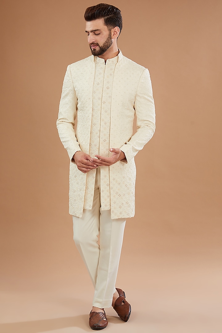 Ivory Silk Hand Embroidered Indowestern Set by Qbik Men