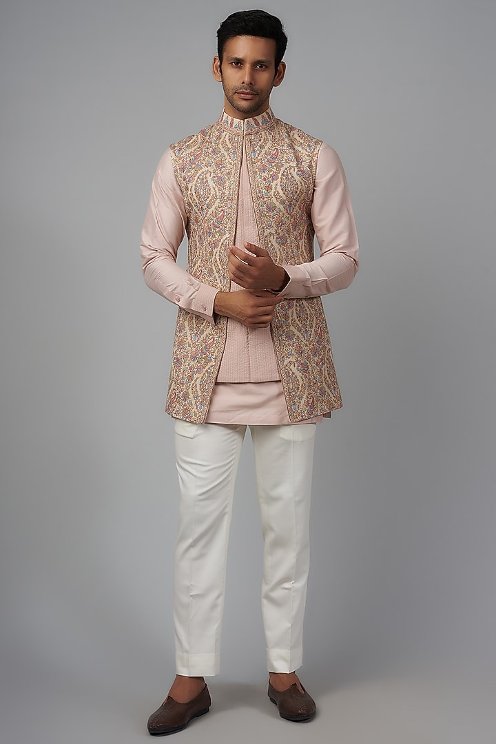 Light Fawn & Pink Pashmina Silk Embroidered Wedding Indowestern Set by Qbik Men at Pernia's Pop Up Shop