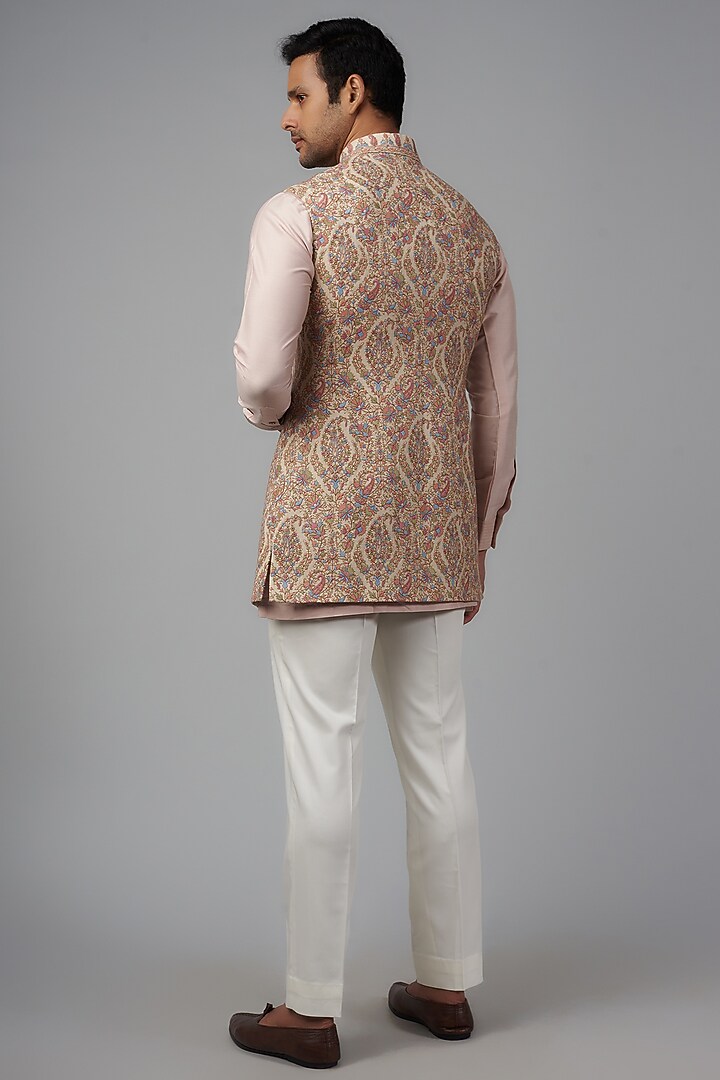 Light Fawn & Pink Pashmina Silk Embroidered Wedding Indowestern Set by Qbik Men at Pernia's Pop Up Shop