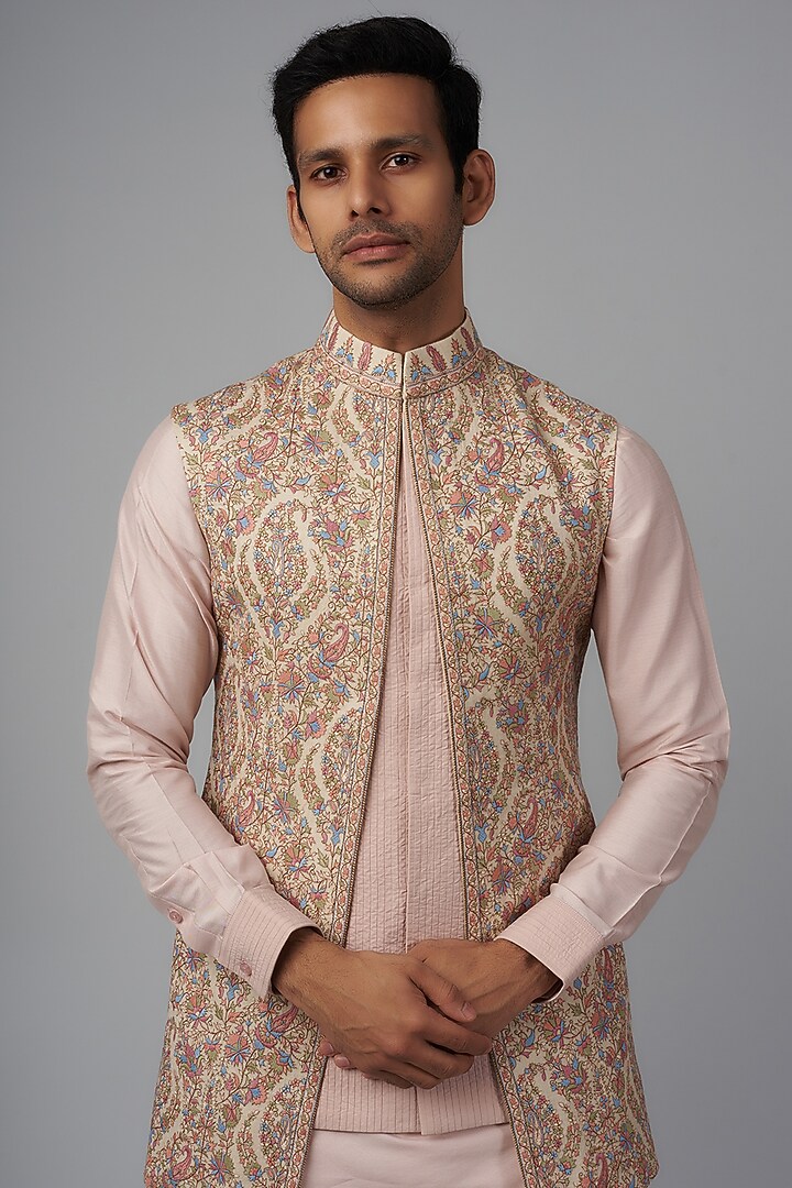 Light Fawn & Pink Pashmina Silk Embroidered Wedding Indowestern Set by Qbik Men at Pernia's Pop Up Shop