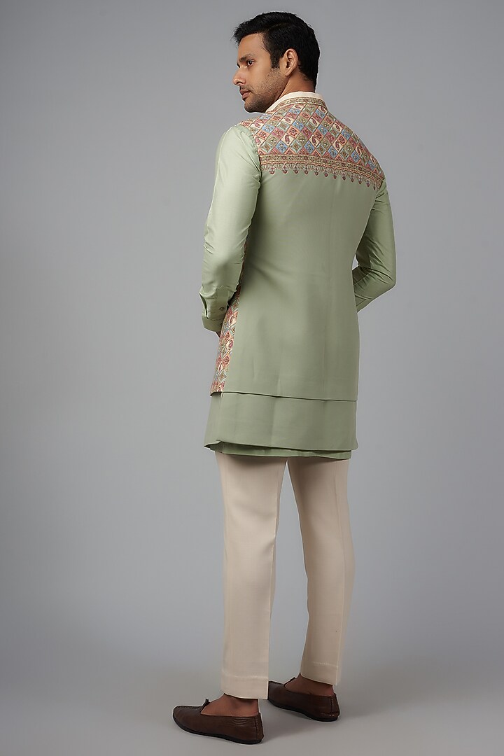 Mint Viscose Wool & Pashmina Silk Wedding Indowestern Set by Qbik Men at Pernia's Pop Up Shop