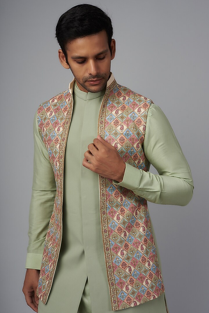 Mint Viscose Wool & Pashmina Silk Wedding Indowestern Set by Qbik Men at Pernia's Pop Up Shop