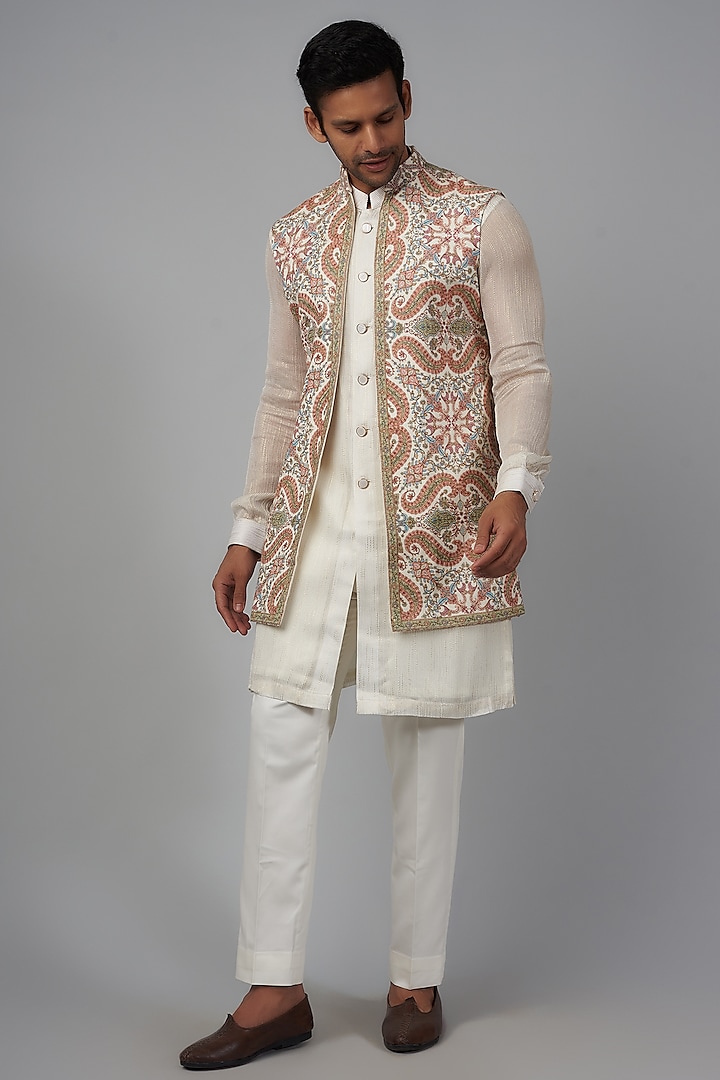 Ivory Pashmina Silk Embroidered Indowestern Set by Qbik Men