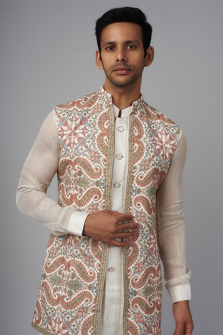 Ivory Pashmina Silk Embroidered Wedding Indowestern Set by Qbik Men at Pernia's Pop Up Shop