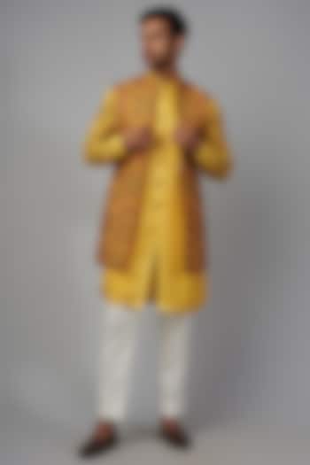 Yellow Pashmina Silk Embroidered Indowestern Set by Qbik Men