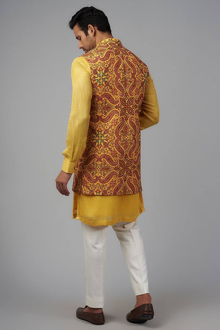 Yellow Pashmina Silk Embroidered Wedding Indowestern Set by Qbik Men at Pernia's Pop Up Shop