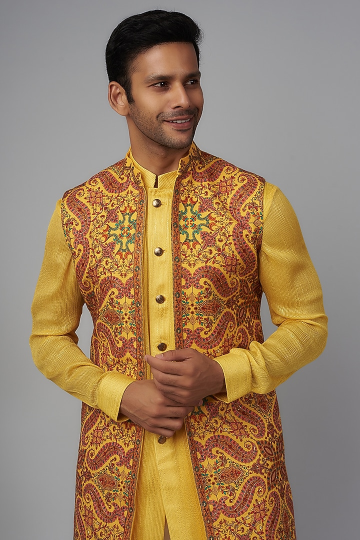 Yellow Pashmina Silk Embroidered Wedding Indowestern Set by Qbik Men at Pernia's Pop Up Shop