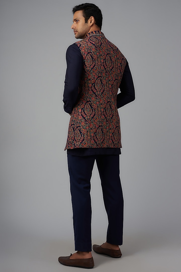 Navy Blue Pashmina Silk Kashmiri Wedding Indowestern Set by Qbik Men at Pernia's Pop Up Shop