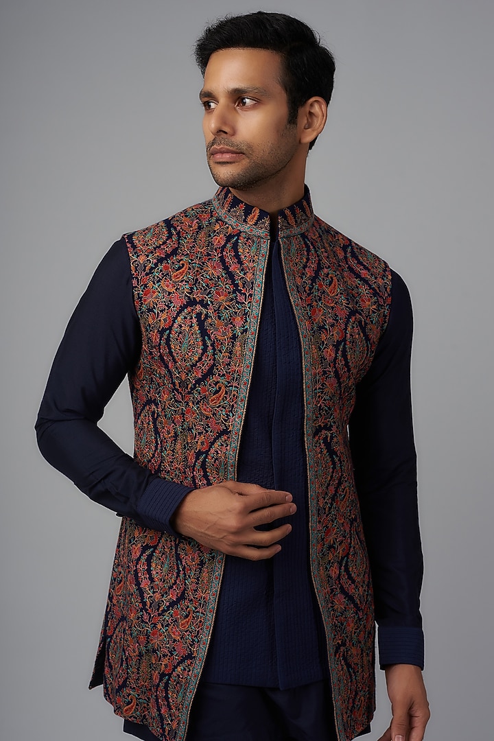 Navy Blue Pashmina Silk Kashmiri Wedding Indowestern Set by Qbik Men at Pernia's Pop Up Shop