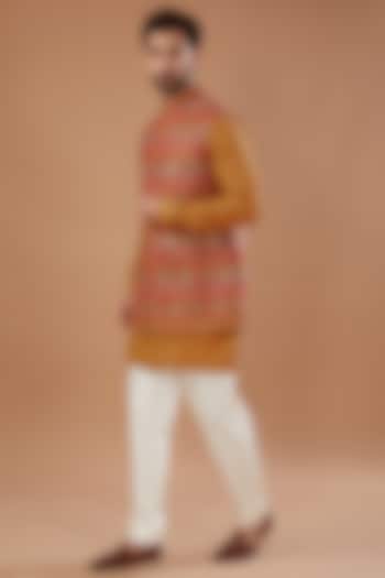 Orange Pashmina Silk Thread Embroidered Nehru Jacket Set by Qbik Men