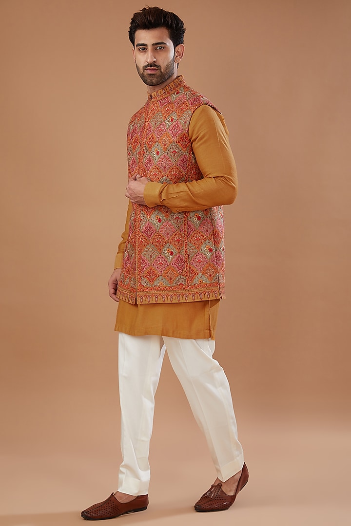 Orange Pashmina Silk Thread Embroidered Nehru Jacket Set by Qbik Men