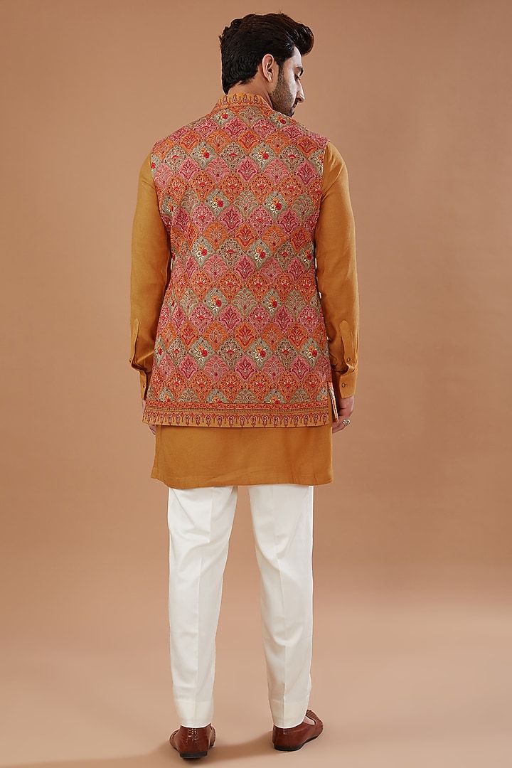 Orange Pashmina Silk Thread Embroidered Nehru Jacket Set by Qbik Men at Pernia's Pop Up Shop