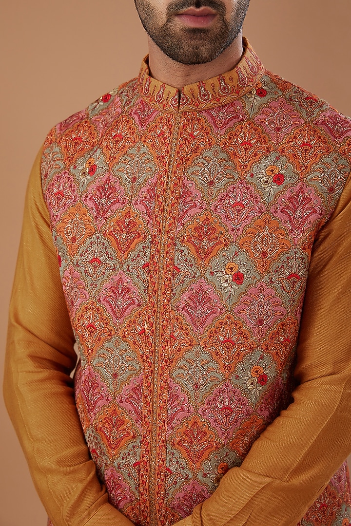 Orange Pashmina Silk Thread Embroidered Nehru Jacket Set by Qbik Men at Pernia's Pop Up Shop