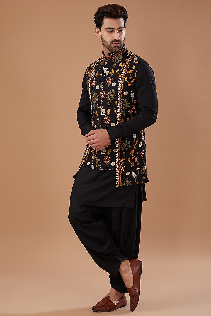 Black Pashmina Silk Hand Embroidered Nehru Jacket Set by Qbik Men